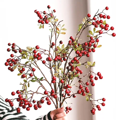 Vista 6 de Paquete de 3 tallos artificiales de bayas rojas, ramo de flores artificiales de 27.5 pulgadas para centro de mesa, jarrón, hogar, boda, Navidad