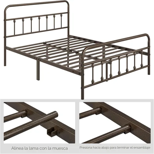 Vista 6 de Yaheetech Base de cama con plataforma de metal, cabecero y estribo Bronce
