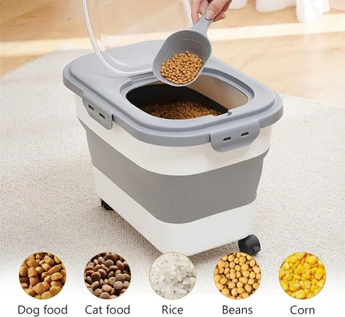 Vista 7 de SEWIU Contenedor de Almacenamiento de Comida para Perros 2pack*20LB, Contenedor Plegable de Comida para Perros con Cuenco de Silicona de Viaje