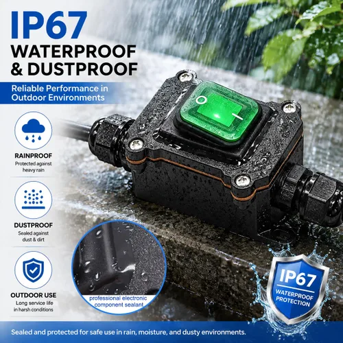 Vista 2 de IP67 Interruptor de línea impermeable en línea 16A/250V 20A/125V CA DPST de 4 pines, 2 posiciones, interruptor de palanca exterior con botón de Verde