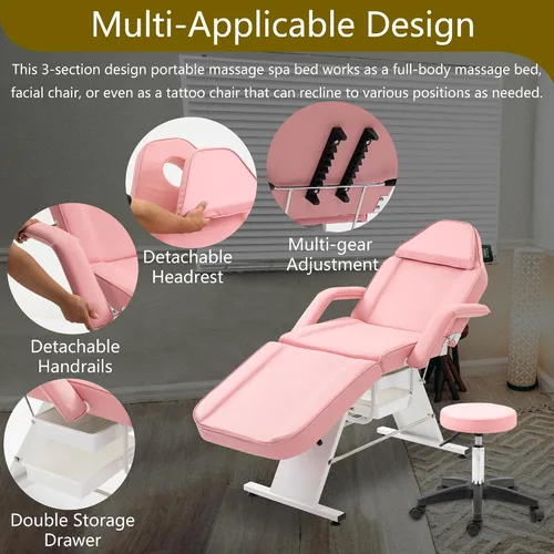 Vista 5 de Silla de tatuaje con taburete hidráulico, multiusos profesional de cuero de salón esteticista, mesas de masaje ajustables actualizadas para camas