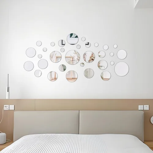 Vista 5 de CEYAZYE Espejo de pared, azulejos de espejo circular autoadhesivos, 32 piezas de espejo acrílico para pared, calcomanías de pared extraíbles
