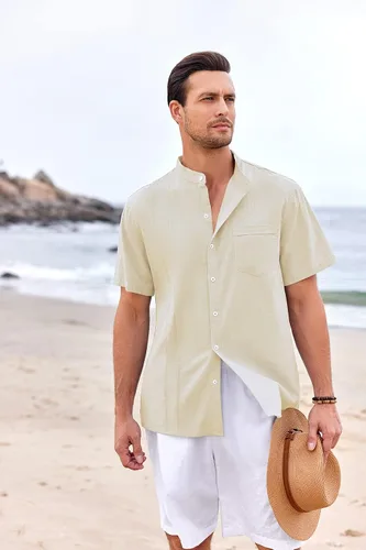 Vista 3 de Ryannology Camisas guayabera de lino de manga corta con botones para hombre, estilo casual, playa, campamento cubano, camisa mexicana para hombre