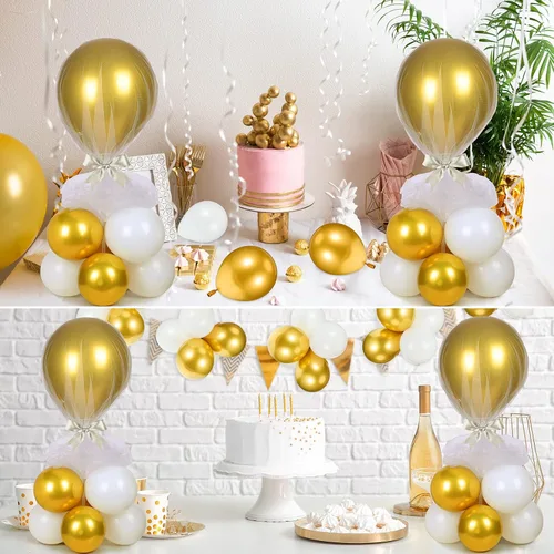 Vista 7 de BBTO Juego de 8 centros de mesa con soporte para globos, kit de 80 globos de látex y soporte de mesa con base de tul para boda, cumpleaños, baby Oro