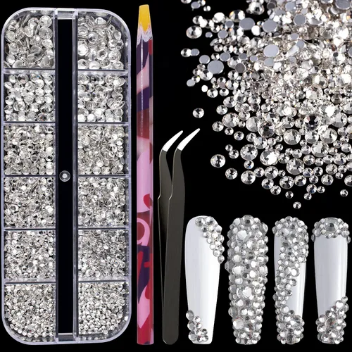 Vista 40 de Juego de 3440 piezas de cristales de vidrio transparente blanco y AB, en 6 tamaños con lápiz recogedor, pinzas para manicura con brillo iridiscente
