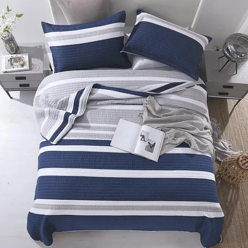Vista 3 de Finlonte Juego de ropa de cama ligera de verano 100% algodón, a rayas azul marino, para todas las estaciones, 3 piezas
