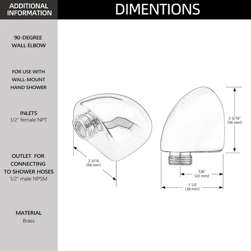 Vista 2 de Tearel Codo de pared 50560-SS para ducha de mano Delta Brilliance Inoxidable, paquete de 2, toma de corriente macho roscada de 1/2 pulgada que se