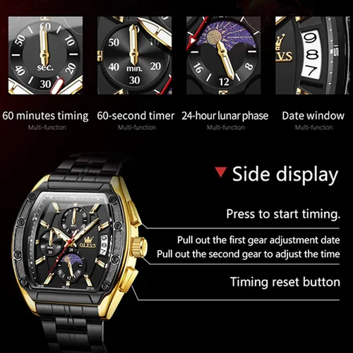 Vista 7 de OLEVS Watch Men Big Square Face Chronograph Stainless Steel Dress Watch Todo negro