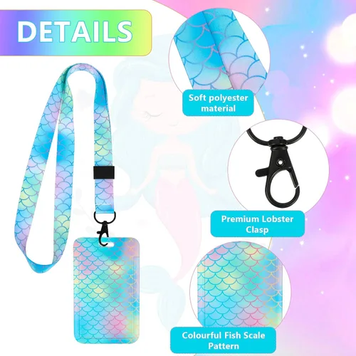Vista 3 de Soporte de tarjeta de identificación de sirena para niños con cordón, cordón de muñeca desmontable para llaves, soporte retráctil con cierre