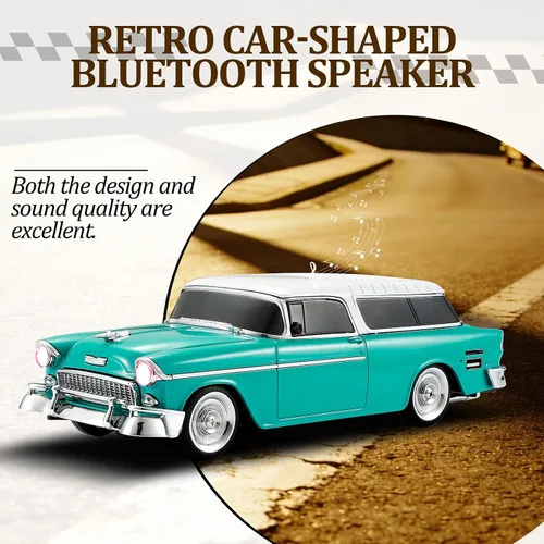 Vista 4 de Altavoz Bluetooth retro en forma de automóvil, calidad de sonido de alta definición, emparejamiento TWS, múltiples salidas de interfaz, altavoz Verde