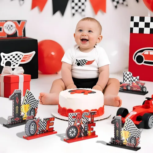 Vista 4 de 4 piezas de decoración rápida de un cumpleaños para niños, auto de carreras, centros de mesa de madera de primer cumpleaños, decoración de fiesta