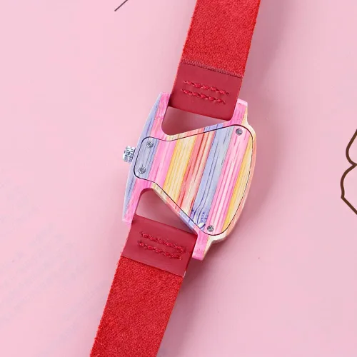 Vista 5 de Reloj triangular de madera para mujer pulsera de cuero de cuarzo reloj de cuarzo de madera correa de cuero de regalo para mujer