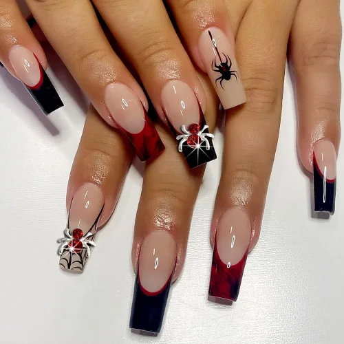 Vista 3 de Dijes de araña 3D para uñas de araña, dijes de araña plateada para uñas, incrustaciones de gemas rojas y rosas, punk, retro, diamantes de imitación