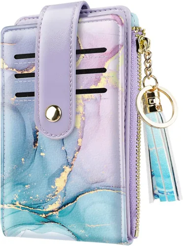 Vista 11 de Cartera delgada con bloqueo RFID para mujer, cartera de cuero con múltiples tarjetas, cartera plegable con borla, bolsillo con cremallera