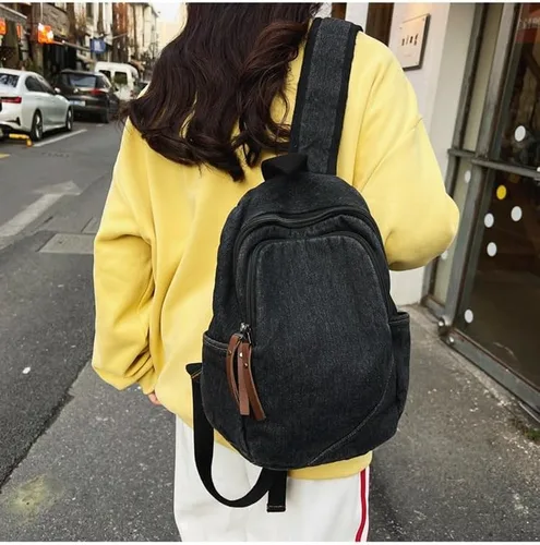 Vista 2 de Pequeña mochila vintage de mezclilla clásica retro jeans mochila de viaje casual mochila universitaria para mujeres hombres, Negro
