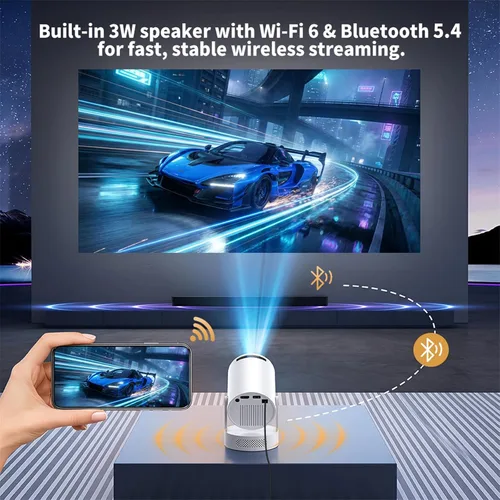 Vista 3 de Mini proyector con WiFi y Bluetooth, proyector portátil compatible con altavoz base de sonido de 5 W, 170 ANSI, Keystone vertical automático