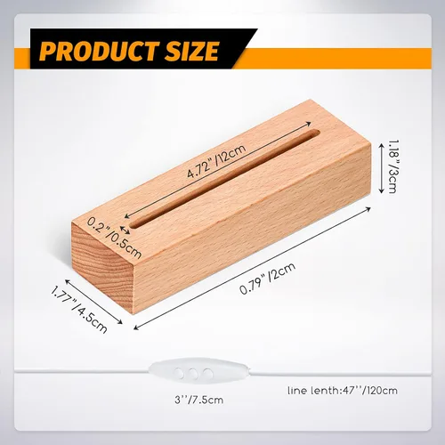 Vista 2 de Riakrum Base de luz rectangular de madera de 5.9 pulgadas, base de pantalla LED de madera, pedestal regulable con cable USB para acrílico, cristal