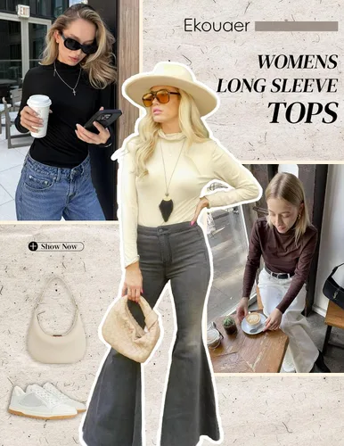 Vista 5 de Ekouaer Camisas de manga larga con cuello alto para mujer, ropa interior térmica, básica, ajustada, para otoño, ligera, a la moda