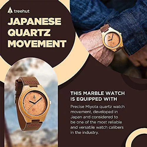 Vista 7 de treehut Reloj de pulsera de madera para hombre con correa de cuero genuino analógico de cuarzo para hombre