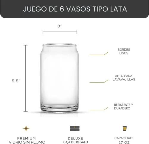Vista 2 de JoyJolt Juego de vasos de vidrio para beber de 6 a 16 onzas. Vasos de vidrio con forma de lata de soda transparente, lindos vasos de taza de café