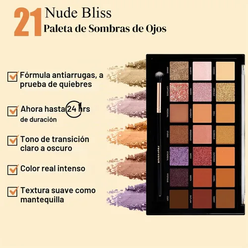 Vista 2 de Profusion Cosmetics Nude Bliss - Paleta de sombra de ojos de 21 sombras y pincel Pro Series, da rienda suelta a la creatividad y consigue glamour