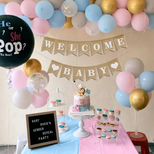 Vista 7 de Letreros de bienvenida de arpillera para baby shower, banderas de revelación de género, decoración de fiesta para baby shower, pancarta rústica