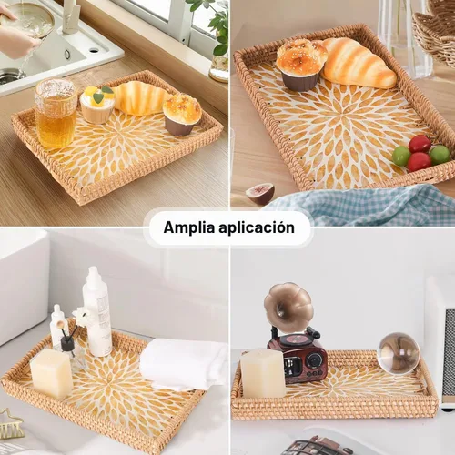 Vista 2 de Bandeja rectangular de ratán con incrustaciones de madreperla, bandeja de ratán con asa para café, pan, frutas, aperitivos, bandeja decorativa
