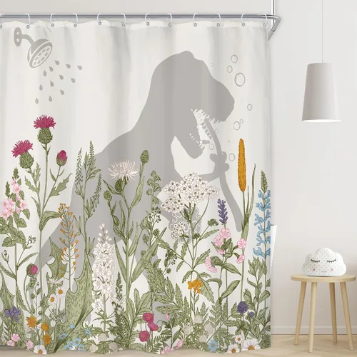 Vista 9 de LGhtyro Juego de Cortina de Ducha Divertida de Dinosaurio para Baño Pequeño 36Wx71H Pulgadas Dibujos Animados Niños Silueta de Dino Sombra de Animal