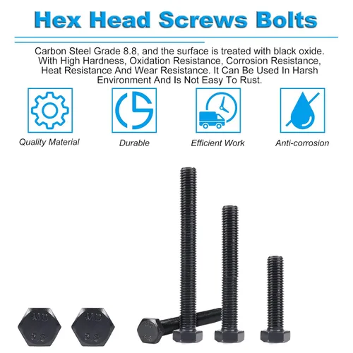 Vista 4 de Tornillos hexagonales M6, pernos de cabeza hexagonal M6-1.0 x 16mm, acero al carbono Grado 8.8, acabado de óxido negro, rosca completa, pernos
