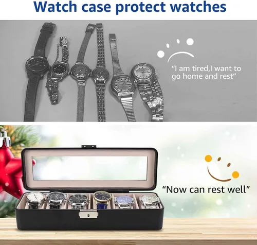 Vista 7 de BareTulip Organizador de caja de reloj para hombres y mujeres Caja de reloj con 6 ranuras Caja de reloj de cuero Pu-Display con ventana de vidrio
