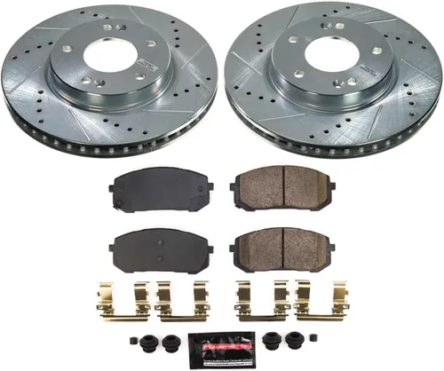 Vista 2 de Power Stop Pastilla de freno de cerámica de fibra de carbono delantera K8748 y kit de controlador diario Z23 con rotor perforado y ranurado