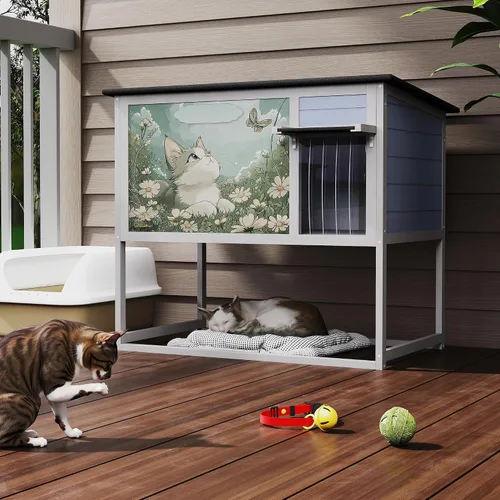 Vista 8 de Casa de madera elevada para gatos al aire libre, recinto resistente a la intemperie para gatos con techo que se abre, puerta cortada y puerta