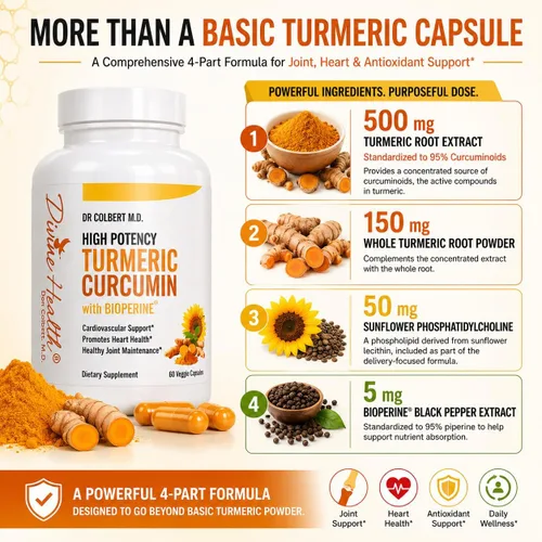 Vista 3 de Cúrcuma de alta potencia del Dr. Colbert con bioperina 60 cápsulas 500 mg extracto de raíz de cúrcuma