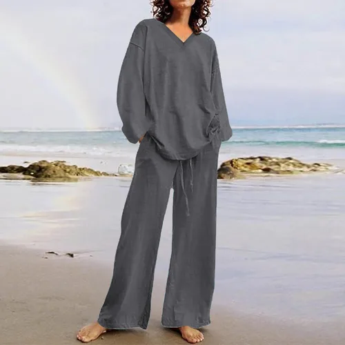 Vista 2 de ZDRZK Beach Sets Women 2 Piece Outfits Cotton Linen Matching Lounge Set Oversized Long Sleeve Tshirt And Pants Sweatsuit