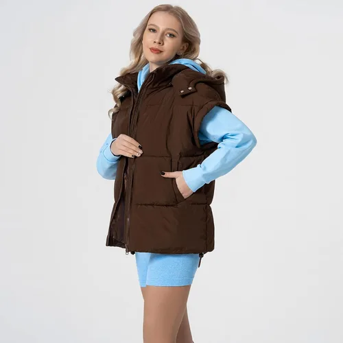Vista 54 de Shiyifa Chaleco acolchado para mujer, chaqueta de gran tamaño, sin mangas, ligera, con cremallera, con capucha desmontable