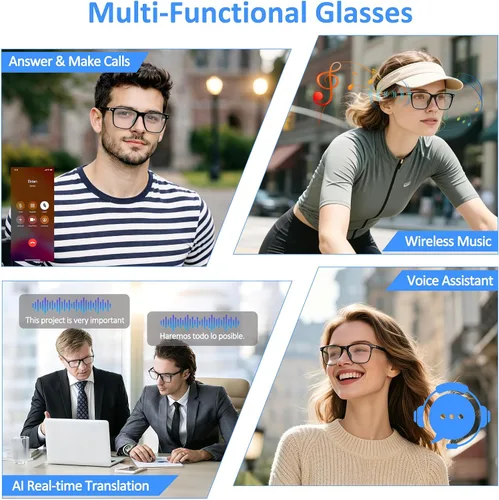 Vista 8 de Lentes inteligentes AI con altavoz de oído abierto, Bluetooth 5.4, compatible con asistente de voz, traducción en tiempo real, lentes que cambian
