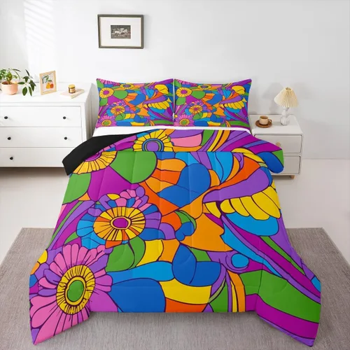 Vista 15 de Juego de ropa de cama con estampado floral bohemio, tamaño individual, diseño retro de flores groovy, 60S y 70S, juego de edredón de flores hippie