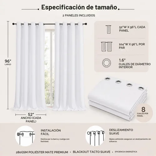Vista 5 de Simplebrand Cortinas blancas puras de 96 pulgadas de largo para oscurecer la habitación, juego de 2 paneles para dormitorio/sala de estar, bloqueo