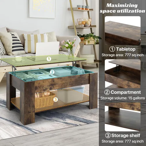 Vista 3 de Mesa de centro elevable con almacenamiento oculto, diseño moderno de elevación de 39.4 pulgadas, escritorio convertible de comedor y portátil