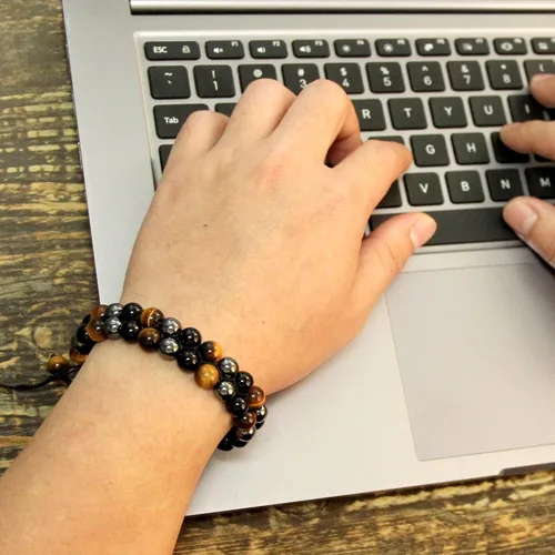 Vista 6 de Xrunhua Triple Protection Crystal Bracelet for Men Women Genuine Tigers Eye Obsidian Black Onyx Hematite Lava Rock Beaded Bracelets Bring Luck and
