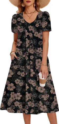 Vista 23 de Zeagoo Vestido de verano para mujer, casual, floral, midi, con bolsillos, cuello en V, plisado, manga corta, estilo alineado, para vacaciones