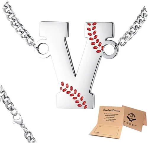 Vista 27 de QINJIEJIE Collar de béisbol inicial A-Z con letras, accesorios deportivos, colgante de encanto de béisbol, joyería de cadena de acero inoxidable 2-P
