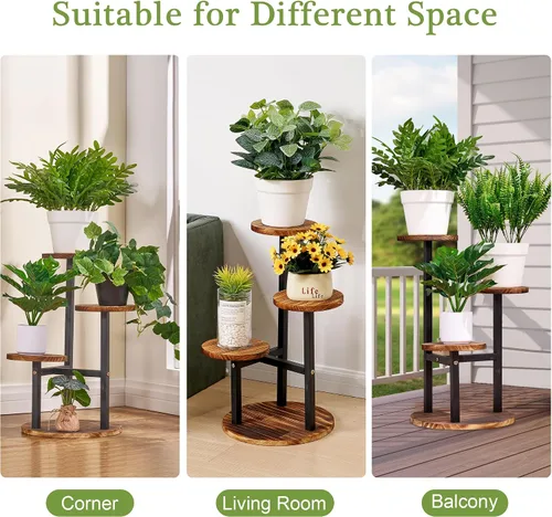 Vista 6 de VECELO Soporte para Plantas de 3 Niveles Interior y Exterior, Estante Alto de Metal y Madera para Flores y Múltiples Plantas, Pequeño Estante