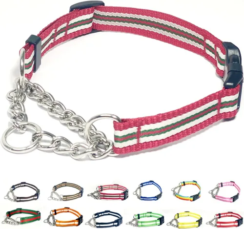 Vista 8 de Collar Martingale para perros, collares de nailon ajustables con hebilla de liberación rápida, rayas multicolores, cadena de acero inoxidable