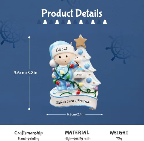 Vista 5 de Adornos Personalizados para la Primera Navidad del Bebé 2025 para Niños - Adornos de Bebé Adornos de Navidad Personalizados para Niños, Adornos Azul