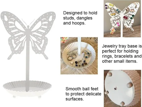 Vista 5 de Top Brass Organizador de pendientes de mariposa Metal Standing Jewelry Tree Display con bandeja de anillo (blanco)