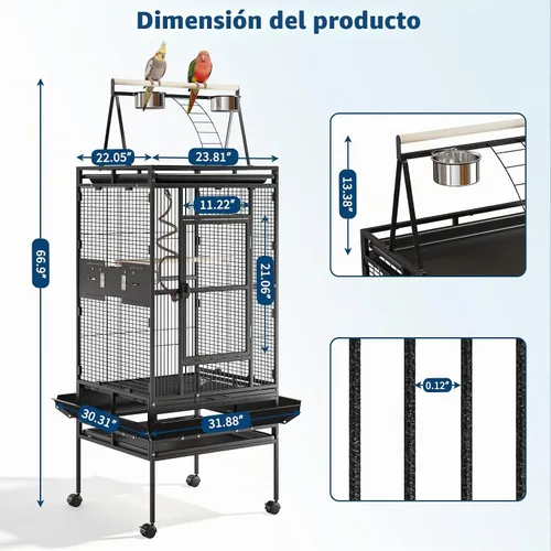 Vista 3 de Jaulas grandes de hierro forjado de 67 pulgadas con soporte rodante para cacatúas, loro, quáquero, conure, periquito, tortolito, canario, pequeño