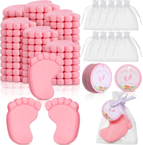 Vista 8 de 50 juegos de recuerdos de baby shower, pies de bebé hechos a mano, jabón perfumado, regalos para invitados, regalos con bolsas de organza
