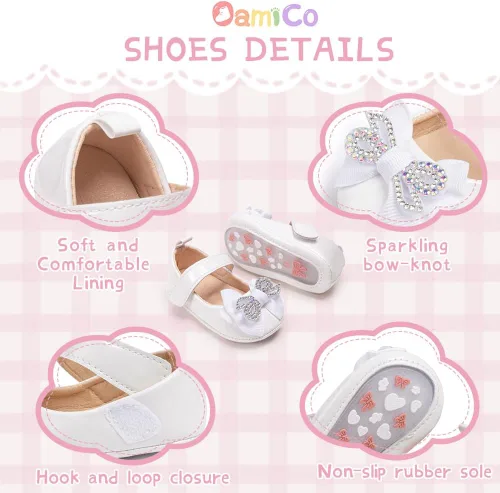 Vista 5 de Zapatos planos Mary Jane para bebés y niñas, suela de goma antideslizante con Bownot para primeros pasos, zapatos de vestir de boda de princesa