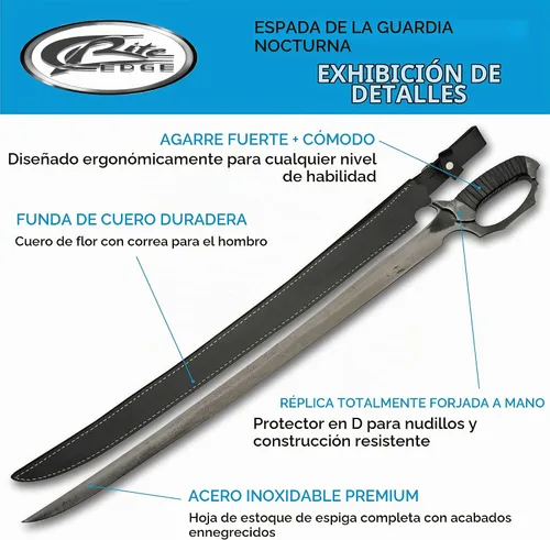 Vista 2 de SZCO Espada Night Guard de Espiga Completa de 33" – Espada Machete Táctica con Hoja de Acero al Manganeso, Mango Envuelto en Cuero, Funda Incluida